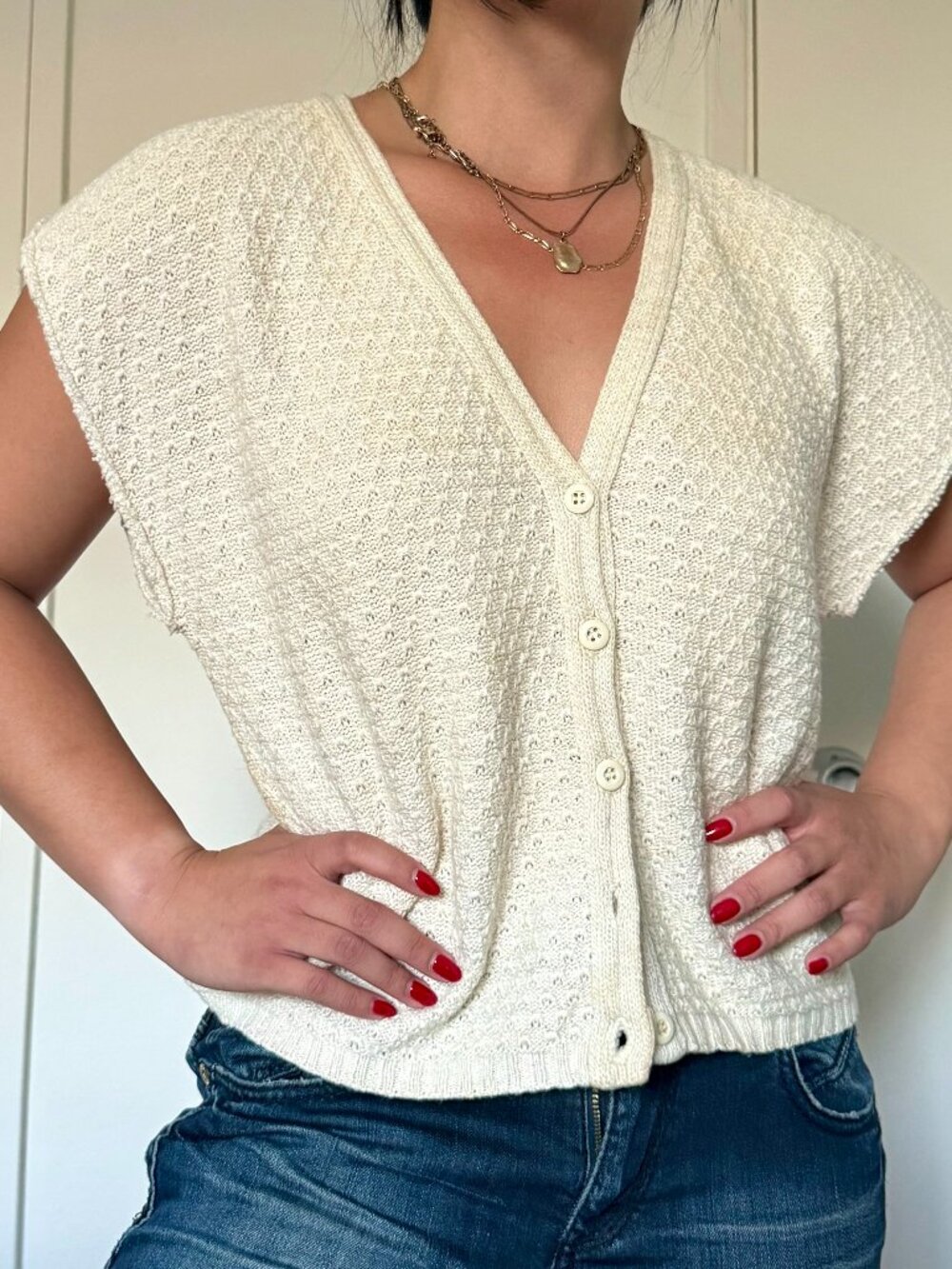 y2k 90s cream short sleeve knit cardigan